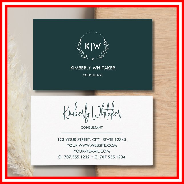 Forest Green and White | Modern Initials Monogram Business Card (Creator Uploaded)