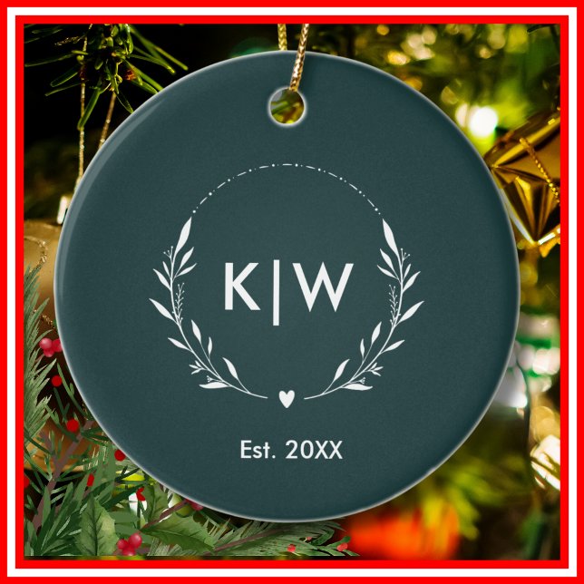 Forest Green and White | Modern Initials Monogram Ceramic Ornament (Creator Uploaded)