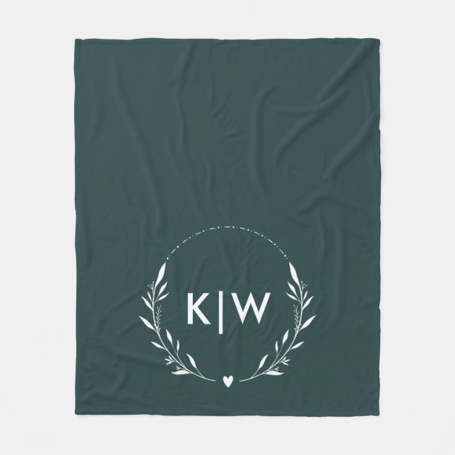 Forest Green and White | Modern Initials Monogram Fleece Blanket (Front)
