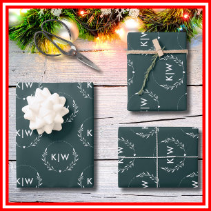 Forest Green and White   Modern Initials Monogram  Wrapping Paper Sheet