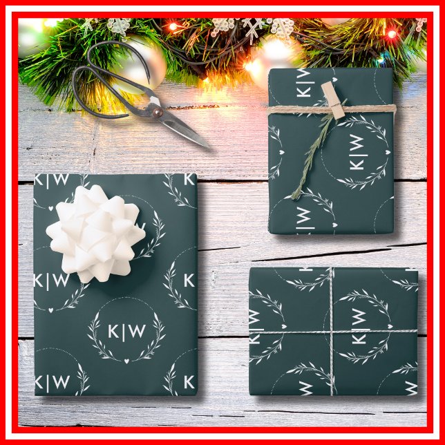 Forest Green and White | Modern Initials Monogram  Wrapping Paper Sheet (Creator Uploaded)