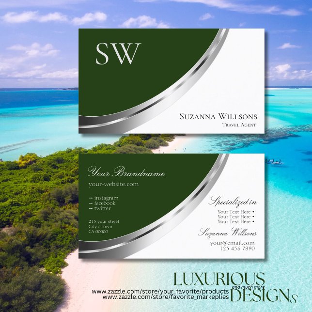 Forest Green and White Silver Decor with Monogram Business Card (Creator Uploaded)