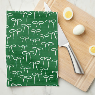 Forest Green and White Simple Bow Doodle Pattern Kitchen Towel