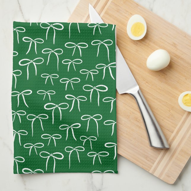 Forest Green and White Simple Bow Doodle Pattern Kitchen Towel (Quarter Fold)