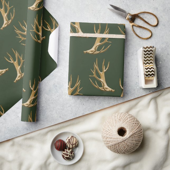 Forest Green Antlers Pattern Masculine Gift Wrapping Paper (Crafts)
