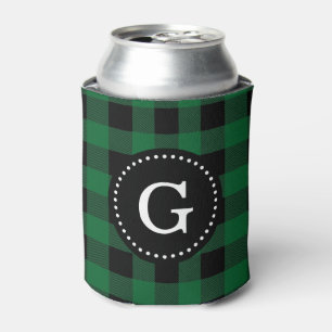 Forest Green Black Buffalo Check Plaid 1I Monogram Can Cooler