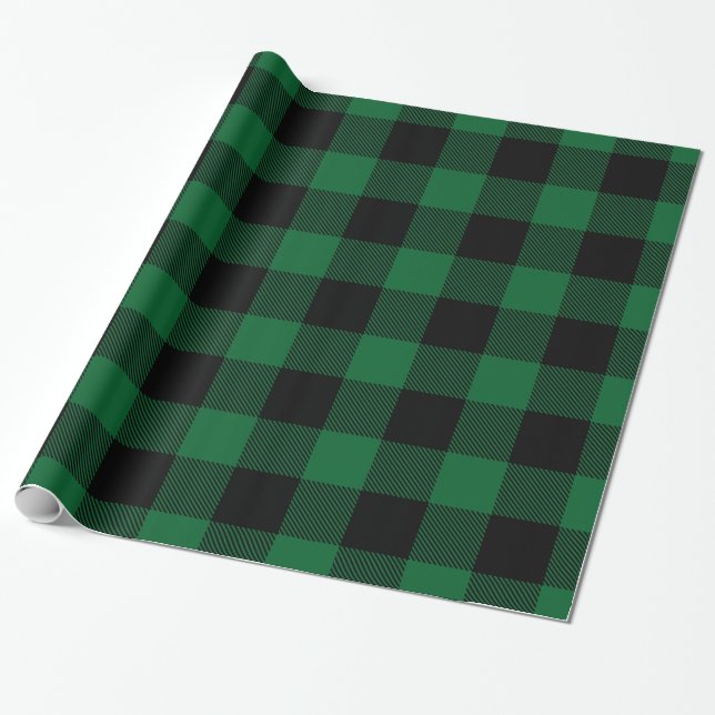 Forest Green Black Huge Buffalo Plaid Lumberjack Wrapping Paper (Unrolled)
