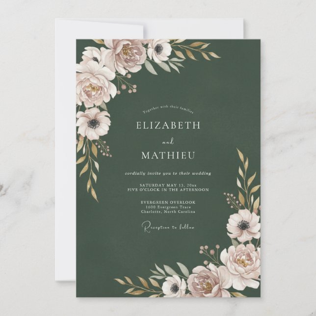 Forest Green Blush Floral Wedding Invitation (Front)