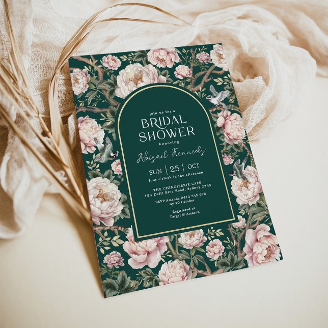 Forest Green Boho Chinoiserie Floral Bridal Shower Invitation (Creator Uploaded)