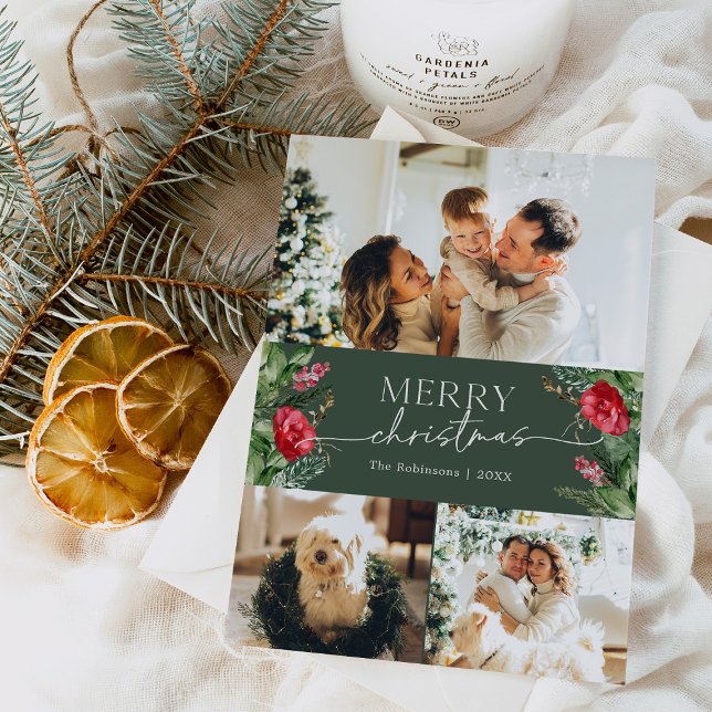 Forest Green Botanical 3 Photo Merry Christmas Holiday Card (Creator Uploaded)
