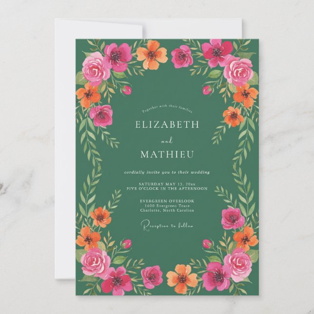 Forest Green Botanical Watercolor Wedding Invitation (Front)