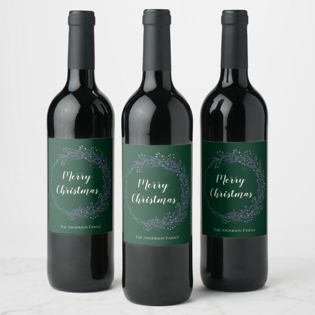 Forest Green Botanical Wreath Merry Christmas Wine Label (Bottles)