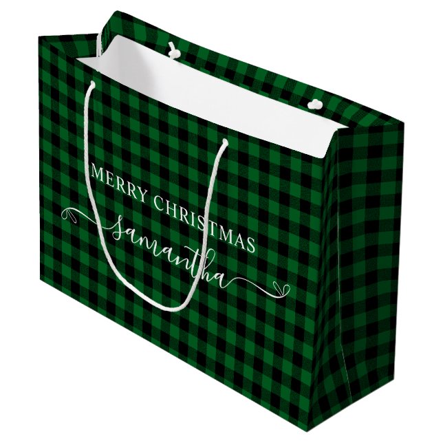 Forest Green Buffalo Plaid Merry Christmas Bows Large Gift Bag (Front Angled)