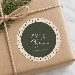 Forest Green Christmas Trees Handwritten Last Name Classic Round Sticker