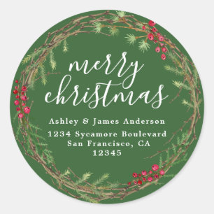 Forest Green Christmas Wreath Return Address Classic Round Sticker