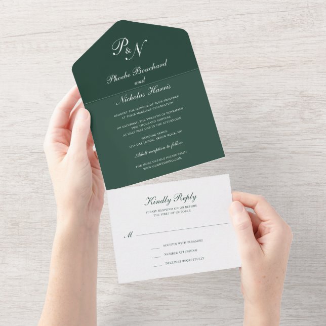 Forest Green Classic Elegant Wedding All In One Invitation (Tearaway)
