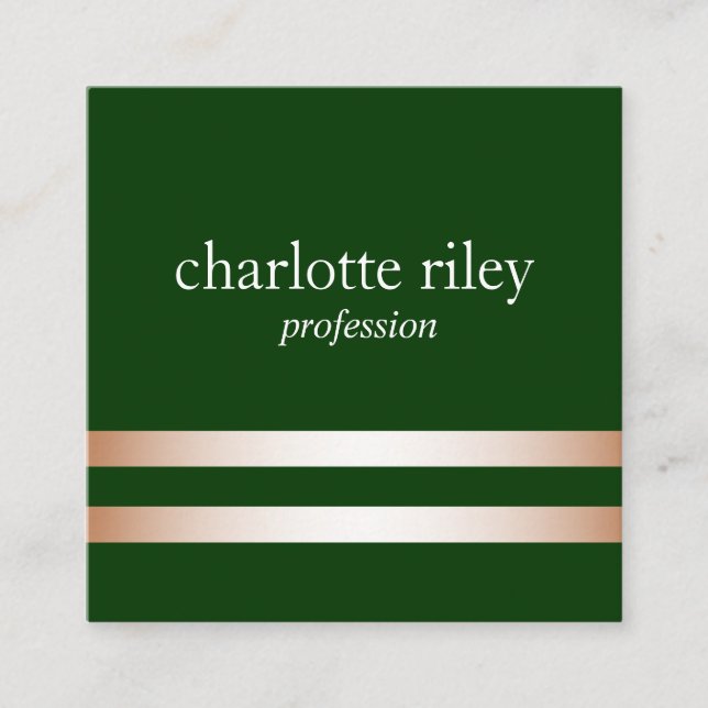 Forest Green Double Rose Gold Stripes Stylish  Square Business Card (Front)
