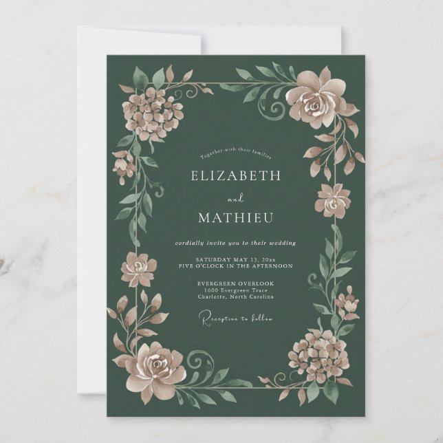 Forest Green Dusty Bloom Wedding Invitation (Front)