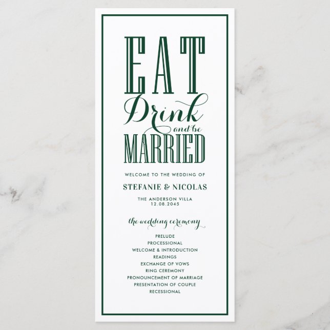Forest Green Eat Drink and be Married Wedding Program (Front)