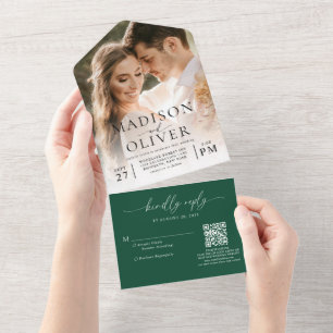 Forest Green Elegant Classic QR Code Photo Wedding All In One Invitation