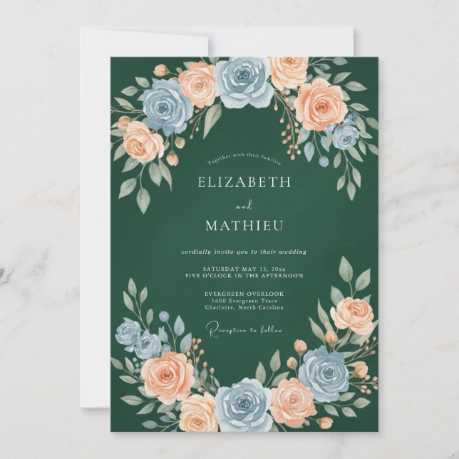 Forest Green Elegant Peach Rose Wedding Invitation (Front)