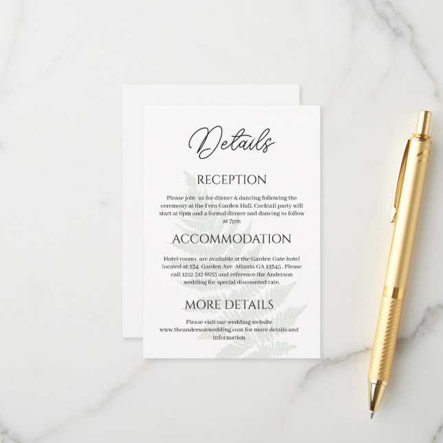 Forest Green Ferns Wedding Details Enclosure Card (Front/Back In Situ)