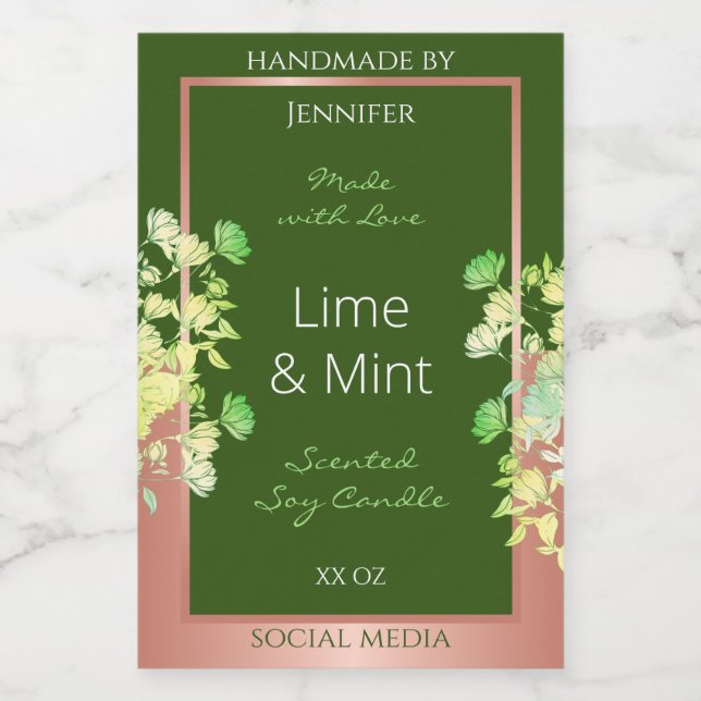 Forest Green Floral Product Labels with Rose Gold (Single Label)