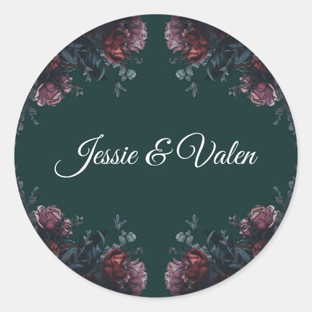 Forest Green Floral Wedding Classic Round Sticker (Front)