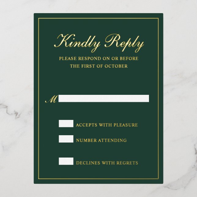 Forest Green Formal Wedding Foil RSVP Card (Front)