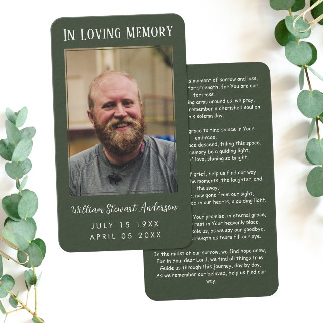 Forest Green Funeral Memorial Prayer Photo Card (Creator Uploaded)