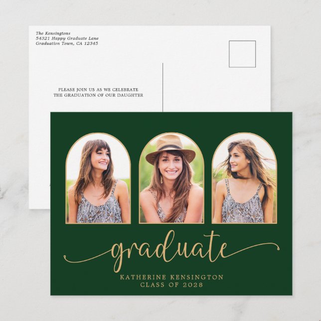 Forest Green Gold Arch 3 Photo Graduation Announcement Postcard (Front/Back)