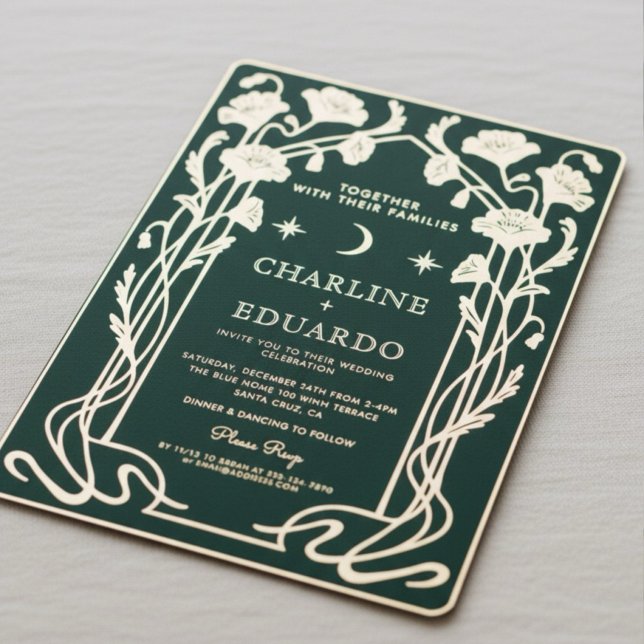 Forest Green & Gold Art Nouveau Faire-part de mari (Créateur téléchargé)