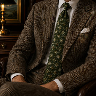 Forest Green Gold Medallion Ornate Foulard Print Tie