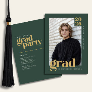 Forest Green Gold Modern Photo Graduation Party Invitation