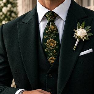 Forest Green Gold Peony Botanical Vine Tie