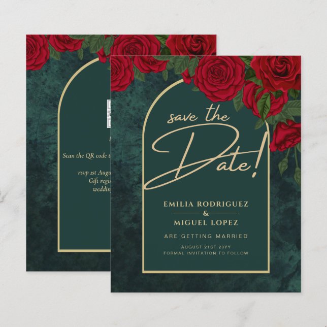 Forest Green Gold RED Roses Winter SAVE THE DATE (Front/Back)