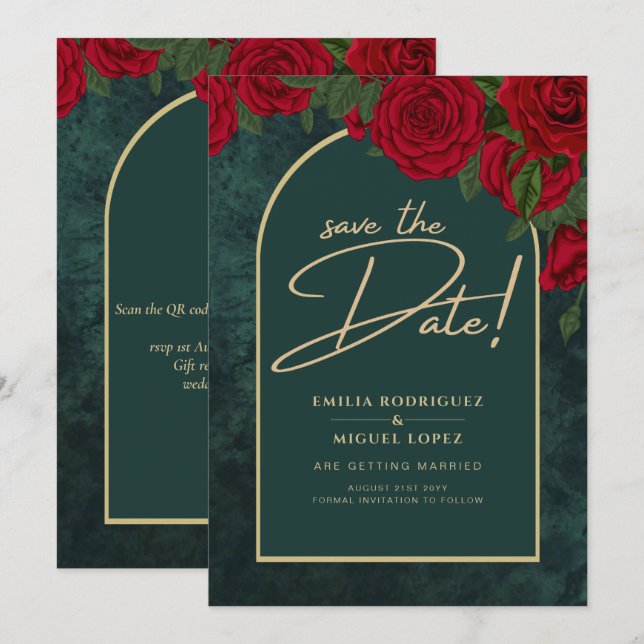 Forest Green Gold RED Roses Winter SAVE THE DATE Invitation (Front/Back)