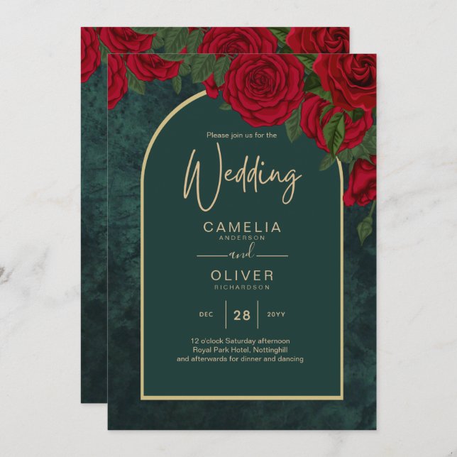 Forest Green Gold RED Roses Winter Wedding Invitation (Front/Back)