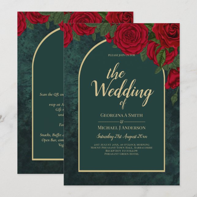 Forest Green Gold RED Roses Winter Wedding Invitation (Front/Back)
