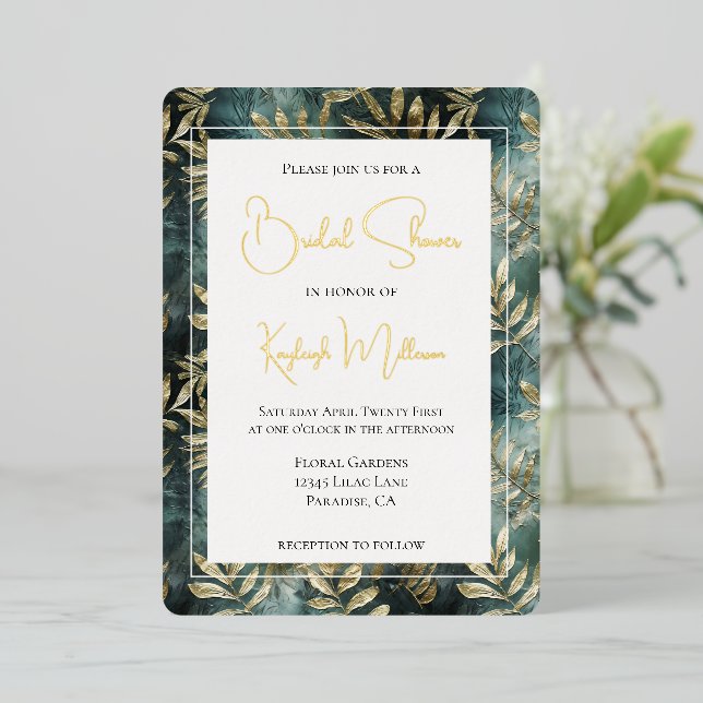 Forest Green Gold Tropical Leaves Bridal Shower (Standing Front)