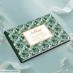 Forest green gold wedding guest book with leaves