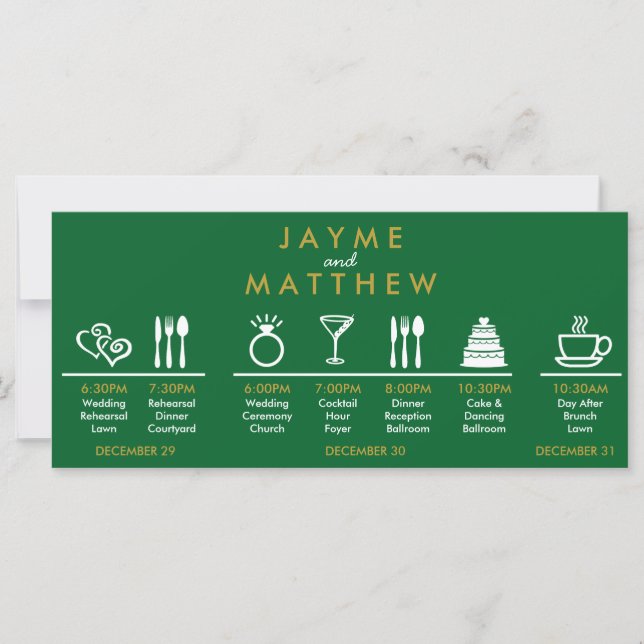 Forest Green Gold Wedding Timeline Welcome Note (Front)
