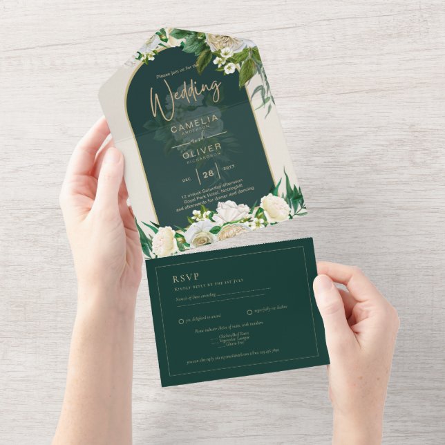 Forest Green Gold White Roses Winter Wedding All In One Invitation (Tearaway)