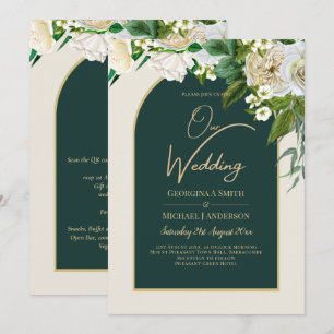 Forest Green Gold White Roses Winter Wedding Invitation