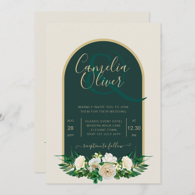 Forest Green Gold White Roses Winter Wedding Invitation (Front/Back)