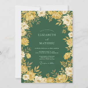 Forest Green Golden Blossom Romance Wedding Invitation