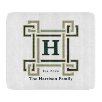 Forest Green Greek Key Monogram Family Crest Cutting Board