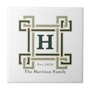 Forest Green Greek Key Monogram Family Crest Tile