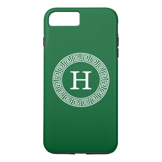Forest Green Greek Key Rnd Frame Initial Monogram Case-Mate iPhone Case (Back)