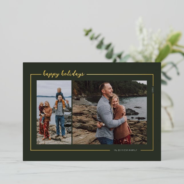 Forest Green Happy Holidays Script Foil Holiday Card (Standing Front)